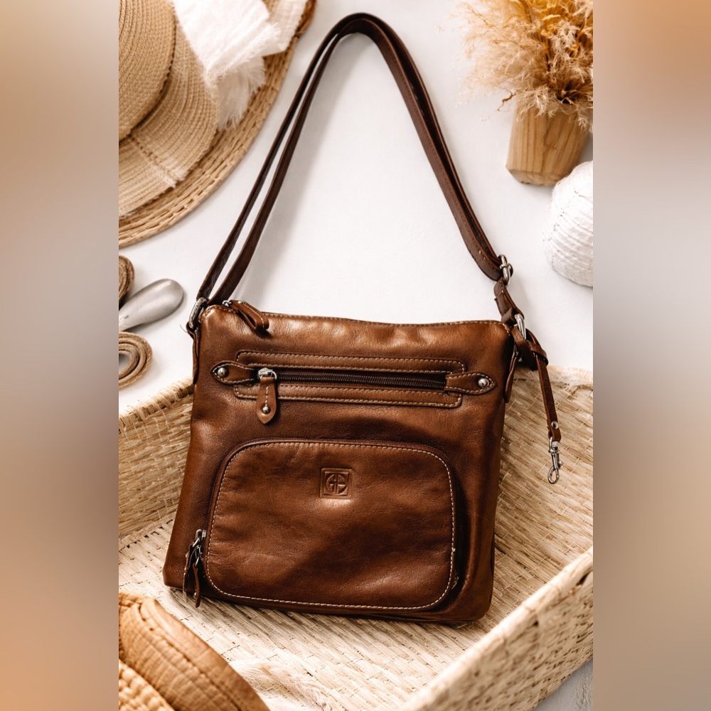 Giani Bernini Brown Leather Crossbody Bag Multi Zip Organizer